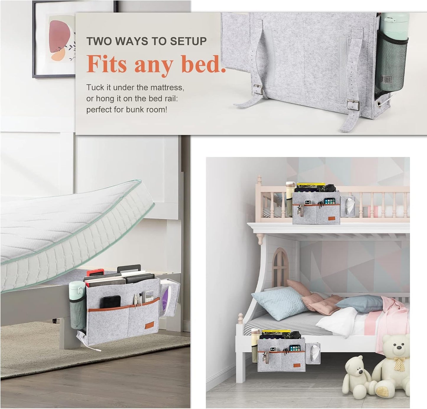 Surblue Bedside Caddy Felt Storage Organizer Hanging Bag with Tissue Box and Water Bottle Pocket for Mattress, Sofa, Bunk Bed, Dark Gray