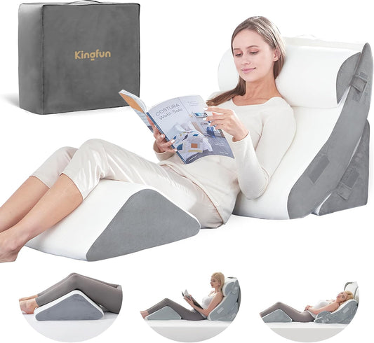 Kingfun Orthopedic Bed Wedge Pillow Set for Sleeping, Post Surgery Memory Foam Support Pillows for Back, Neck and Leg Pain Relief, Adjustable Triangle Pillow - Acid Reflux, Anti Snoring & GERD