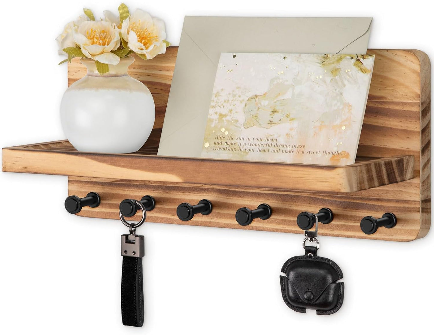 Nekon Key Holder for Wall with Shelf, Pine Wooden Key Hanger, Black | Small Wall Mounted Key Holder with 4 Hooks, Farmhouse Wall Organizer for Home Entryway & Apartment