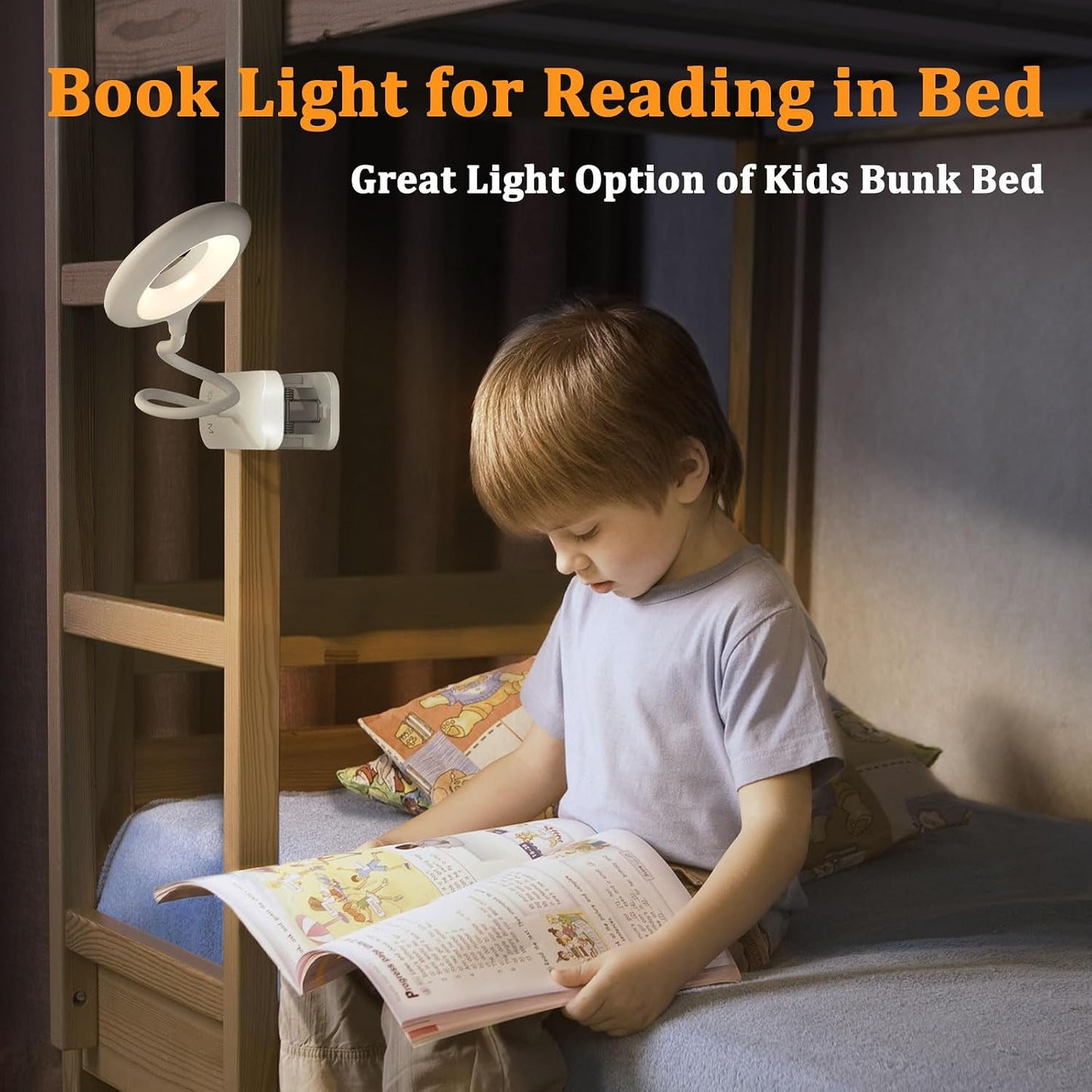 Rechargeable Clip Light, LED Bed Reading Lamp for Headboard & Desk | Strong Clamp, Portable, Cordless Battery Book Light w/ USB-C Cable, 25 Eye-Care Lighting Modes, Flexible Arm, Dorm Bunk Bed
