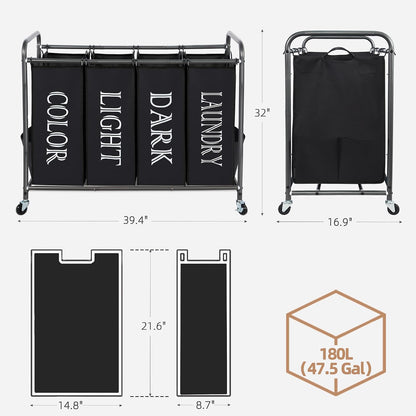 STORAGE MANIAC 3 Section Laundry Sorter, 35.6 Gal (135 L) Laundry Hamper Cart with Heavy Duty Rolling Lockable Wheels and Removable Bags, Clothes Organizer Basket Separator Hamper, Gray