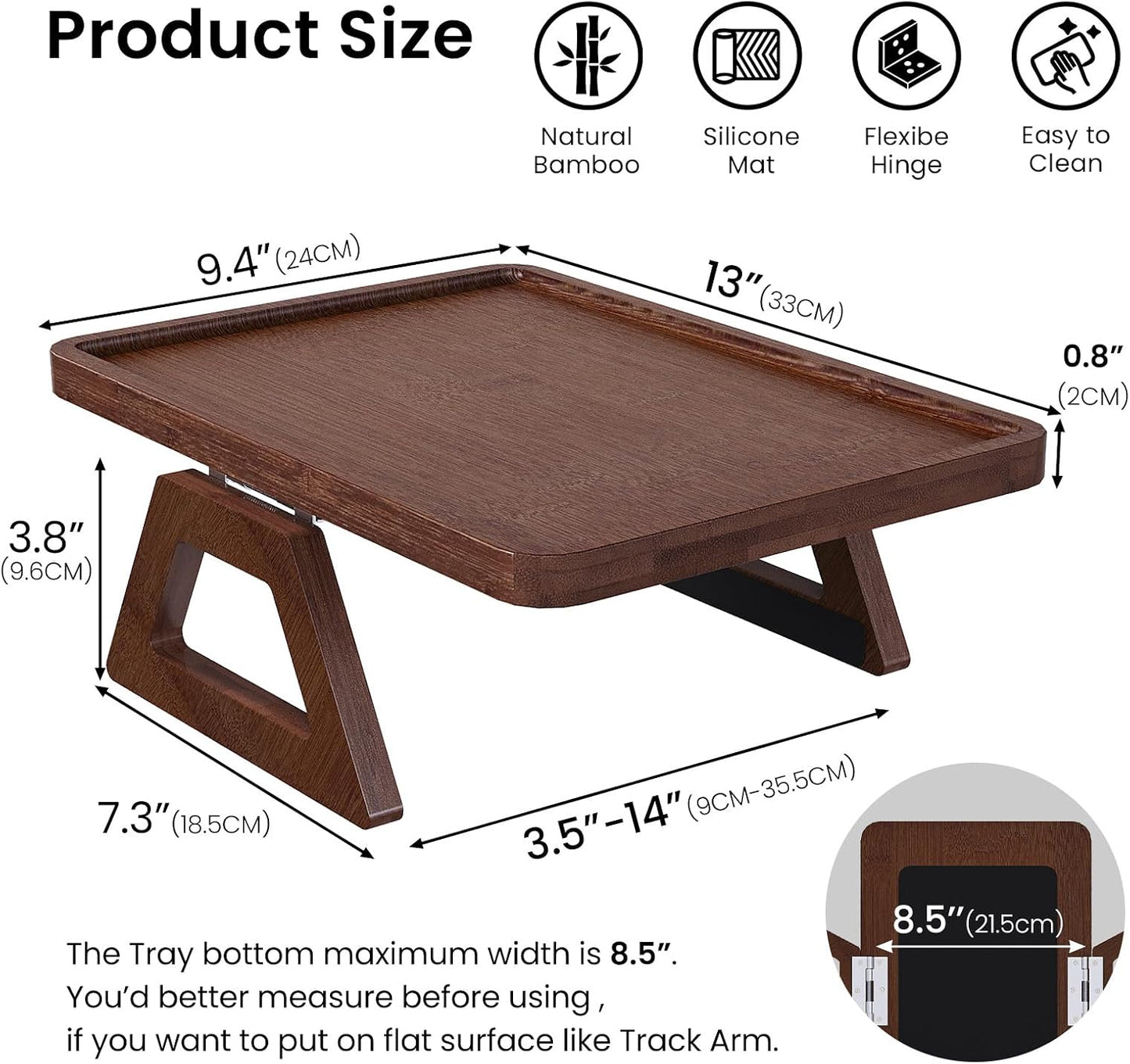 Couch Arm Tray,Bamboo Folding Sofa Tray,Sofa Armrest Trays Clip-On Couch Desk for Drinks,Snacks,Phone,Remote Control（Black）