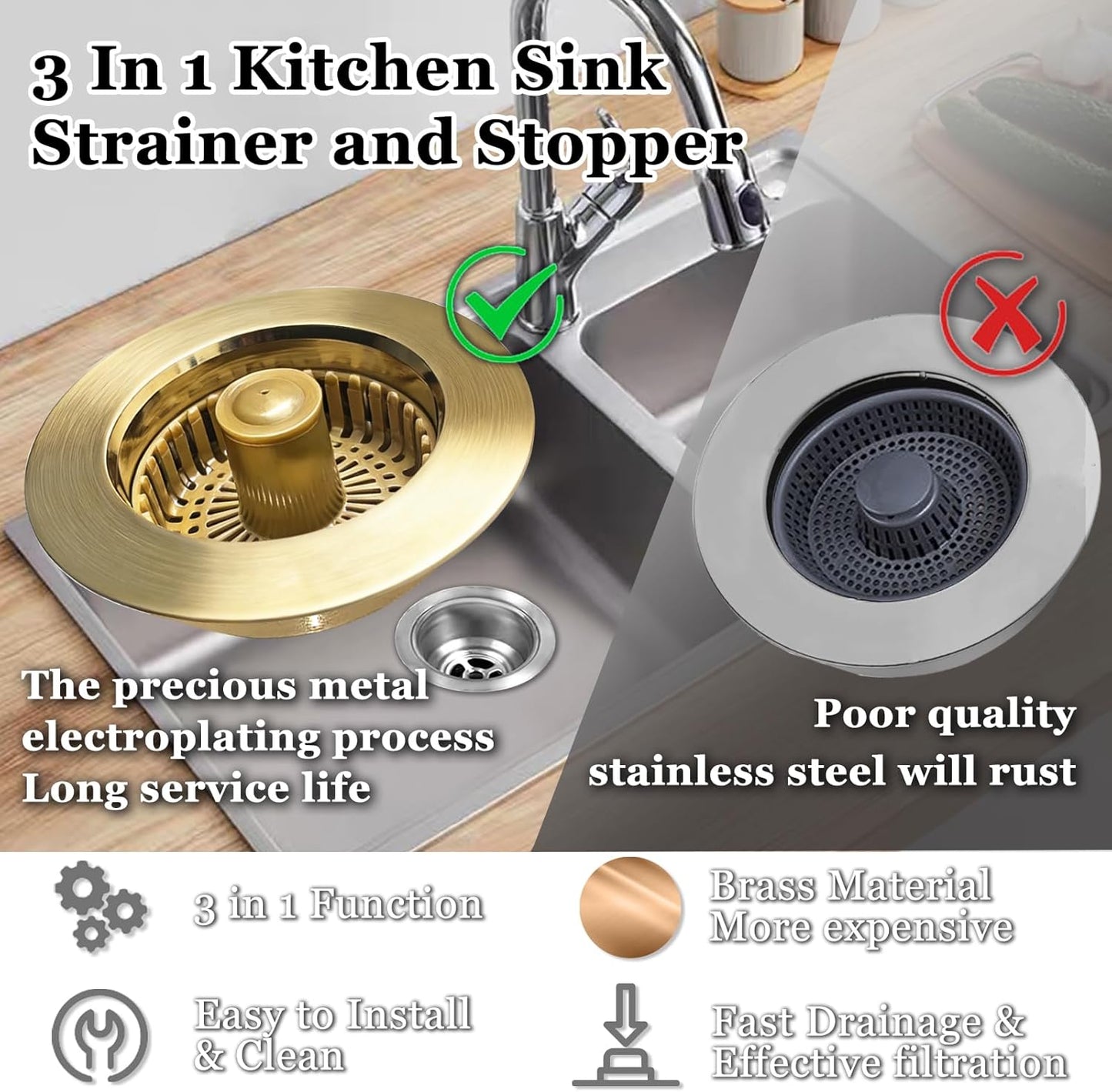 BAOLSLS 3 in 1 Kitchen Sink Stopper, Pop Up Kitchen Sink Drain Strainer | with An Extra Basket Strainer, Kitchen Sink Drain Stopper for US Standard 3-1/2 Inch, Chrome Silver