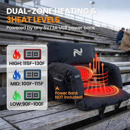 25in 5.12" Extra Thick&Wide Heated Stadium Seat for Bleachers | Sofa Style Design Thick Bleacher Chair With Back and Comfy Cushion, 6 Reclining Positions, 3 Heat Levels (NO Battery)