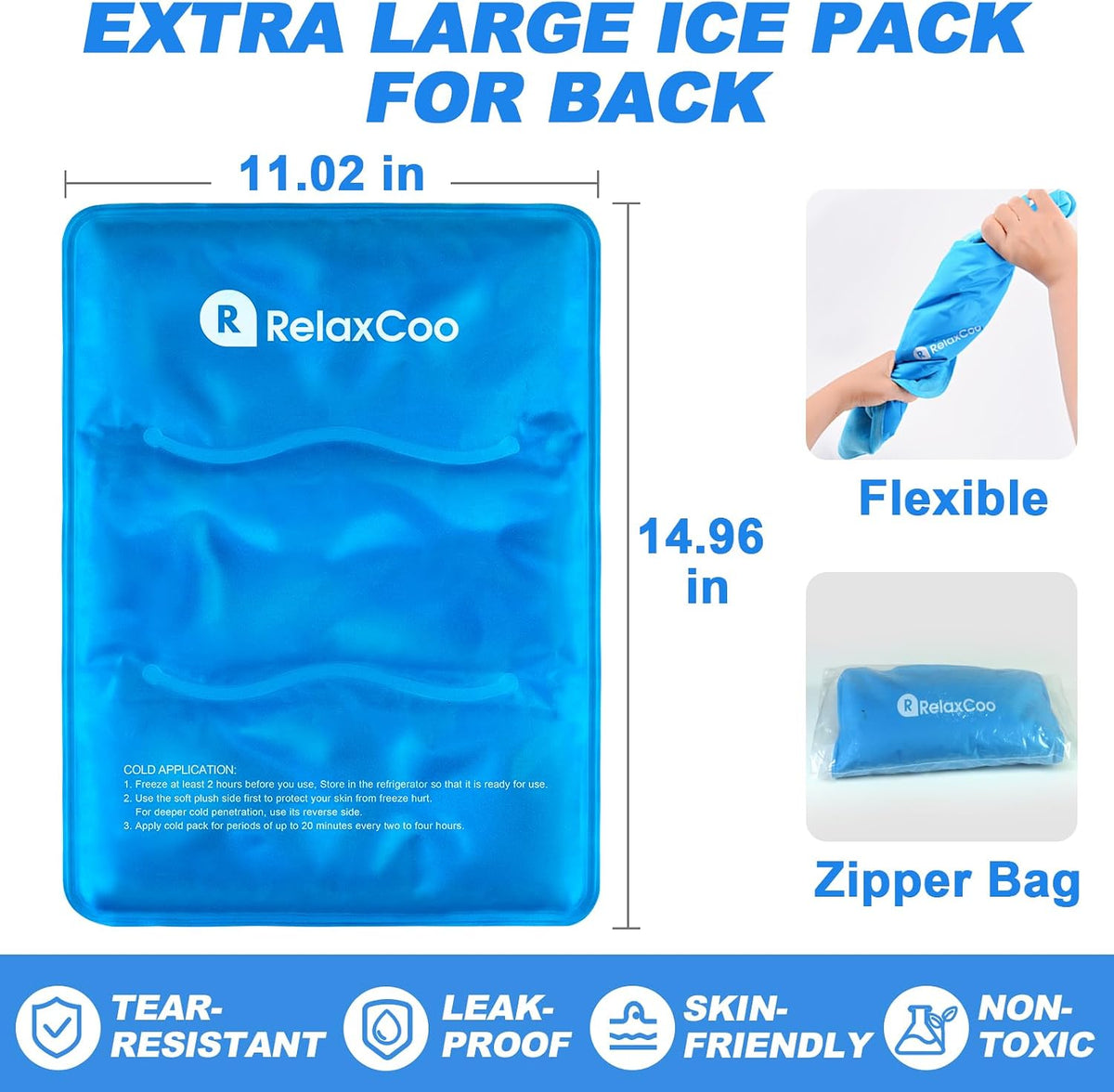 RelaxCoo Large Flexible Ice Pack for Injuries Reusable Gel, 11x14.5 Inches, Cold Compress for Hip, Shoulder, Knee, Back Pain, Swelling, Bruises, Surgery