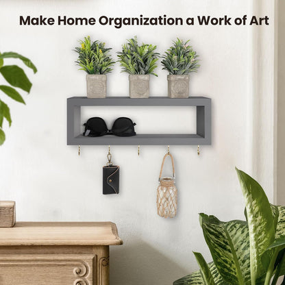Lwenki Wall Shelf with Hooks - Decorative Key and Wallet Holder for Wall Holds Sunglasses, Leashes, Scarves and Lanyards - 15.7" x 5.1" x 2.9" Entryway Organizer Made of Paulownia Wood (White)