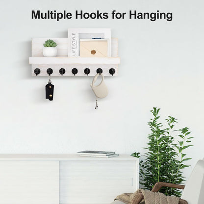 Lwenki Key Holder Wall Mount, Entryway Key and Mail Holder with 7 Sturdy Hooks for Sunglasses, Dog Leash, Decorative Wall Shelf with Mounting Hardware, 15”W x 6.7”H x 4.2”D