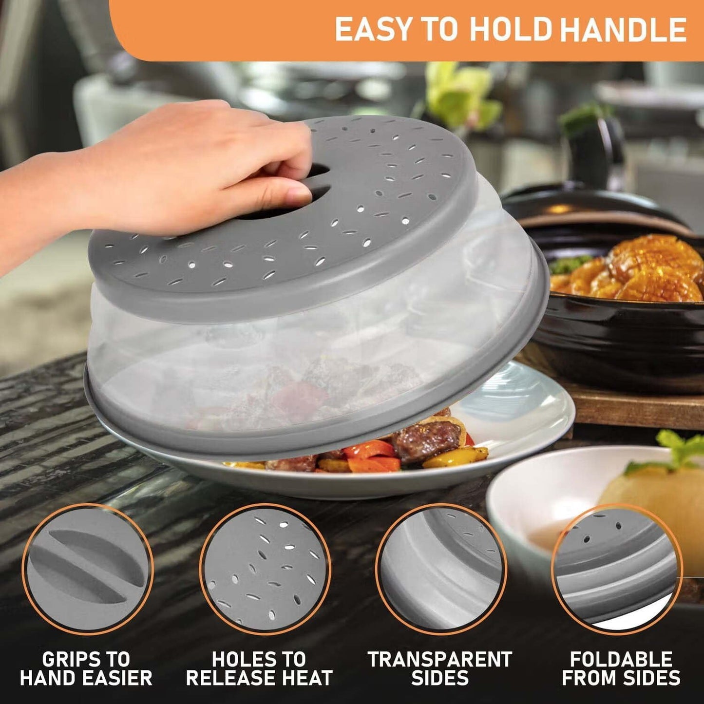 Collapsible Microwave Splatter Cover Microwave Cover for Food with Steam Vent Dishwasher-safe BPA-Free (Grey)