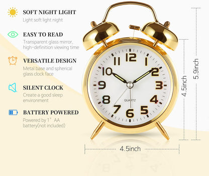 Super Loud Alarm Clock For heavy sleepers,4 inches Twin Bell Alarm Clock with Backlight,Battery Operated,Silent Non Ticking,For Kids,Adults,Bedrooms,Retro decor Desk Analog Clocks.. (Noctilucent)