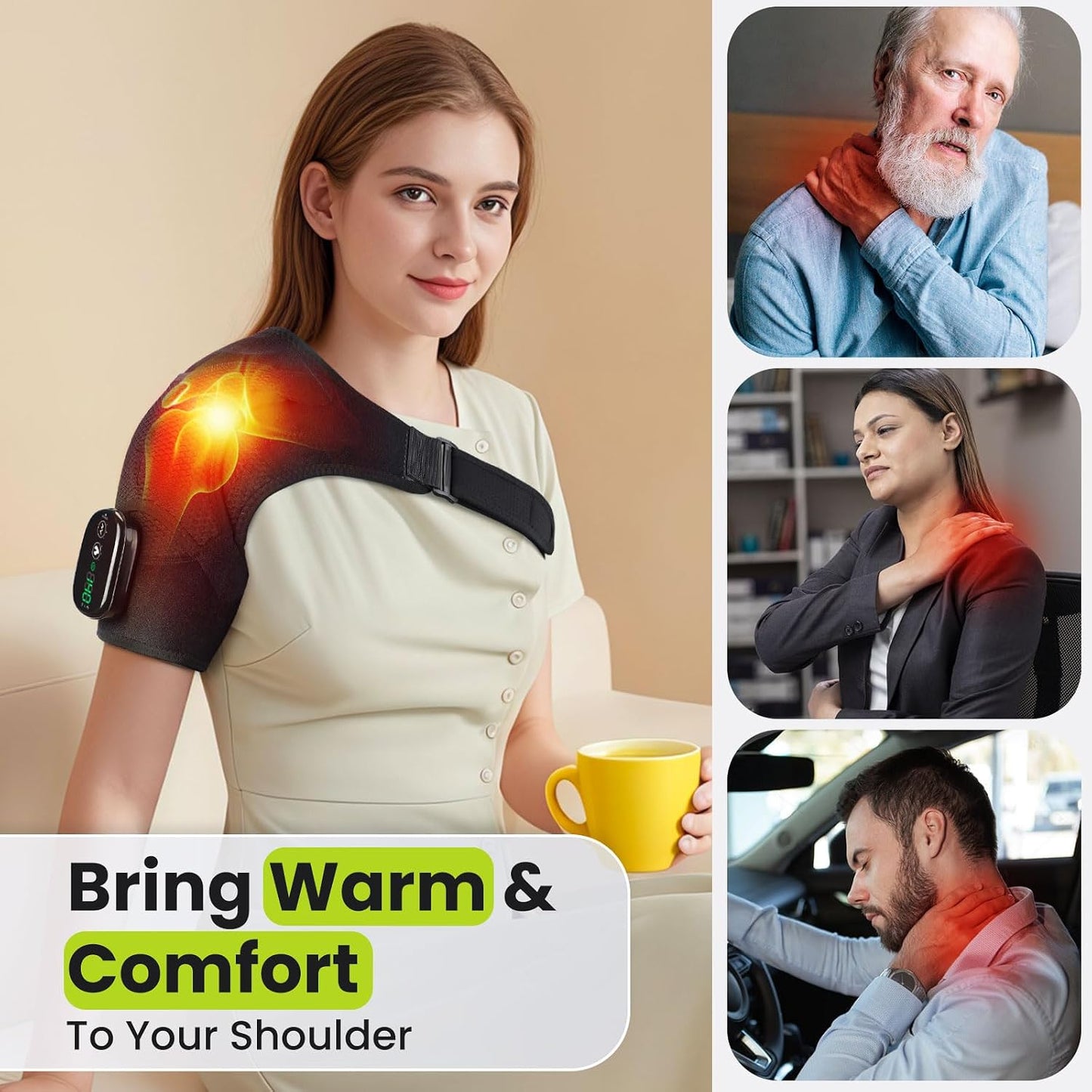 Cordless Shoulder Heating Pad with Vibration for Rotator Cuff Pain Relief, Arm Heated Massage Pad, Shoulder Support Brace with 3 Heating Levels & Vibration, Left or Right