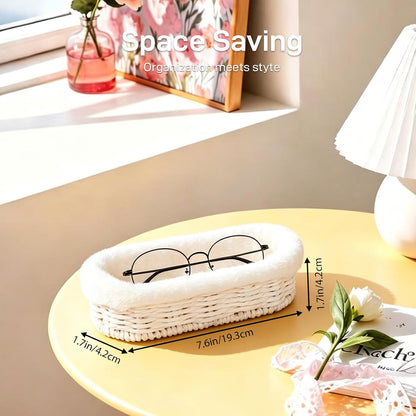 Glasses Holder, Paper Rope Plush Lined Eyeglass Holder Stand, Jewelry Key Tray Storage Organizer for Nightstand, Desk