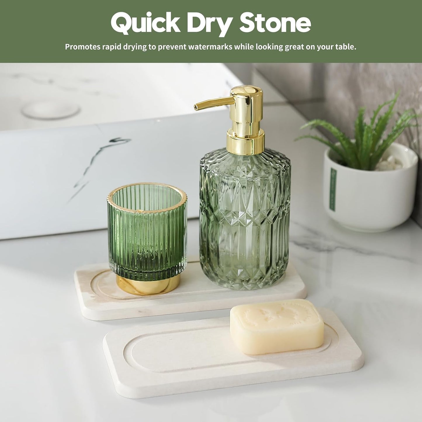 3 Pack Water Absorbent Diatomite Coasters, Stone Drying Mat for Kitchen Counter, Bathroom Sink Organizer Tray, Compact Vanity Rack, Soap Holder Caddy, Faucet Splash Guard, White 8"x3.8"