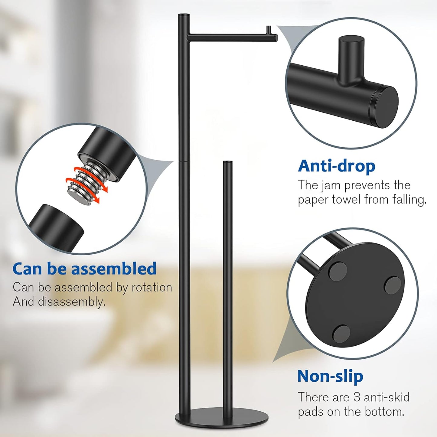 Toilet Paper Holder Stand, Bathroom Free Standing with Storage, Black | Rustproof Toilet Paper Roll Holder for 4 Rolls,with Non-Slip Stable Base,Bathroom Organizers and Storage
