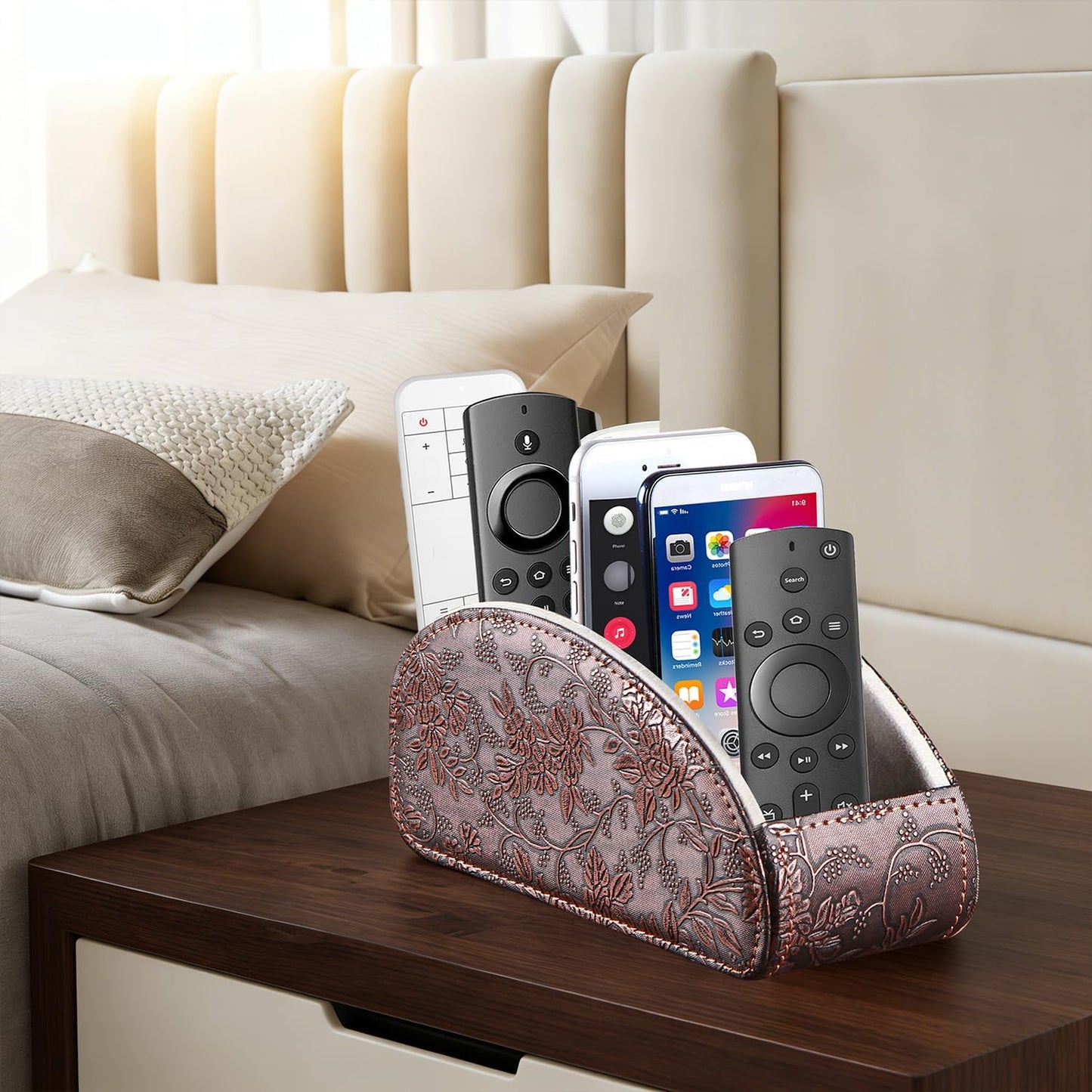 Pu Leather TV Remote Control Holder with 5 Compartments,Remote Caddy/Tray | Bedside Table Desk Storage Box/Organizer for Pen,DVD,Blu-Ray,Media Player,Heater Controller,Cosmetics,Glasses,Office Supplies