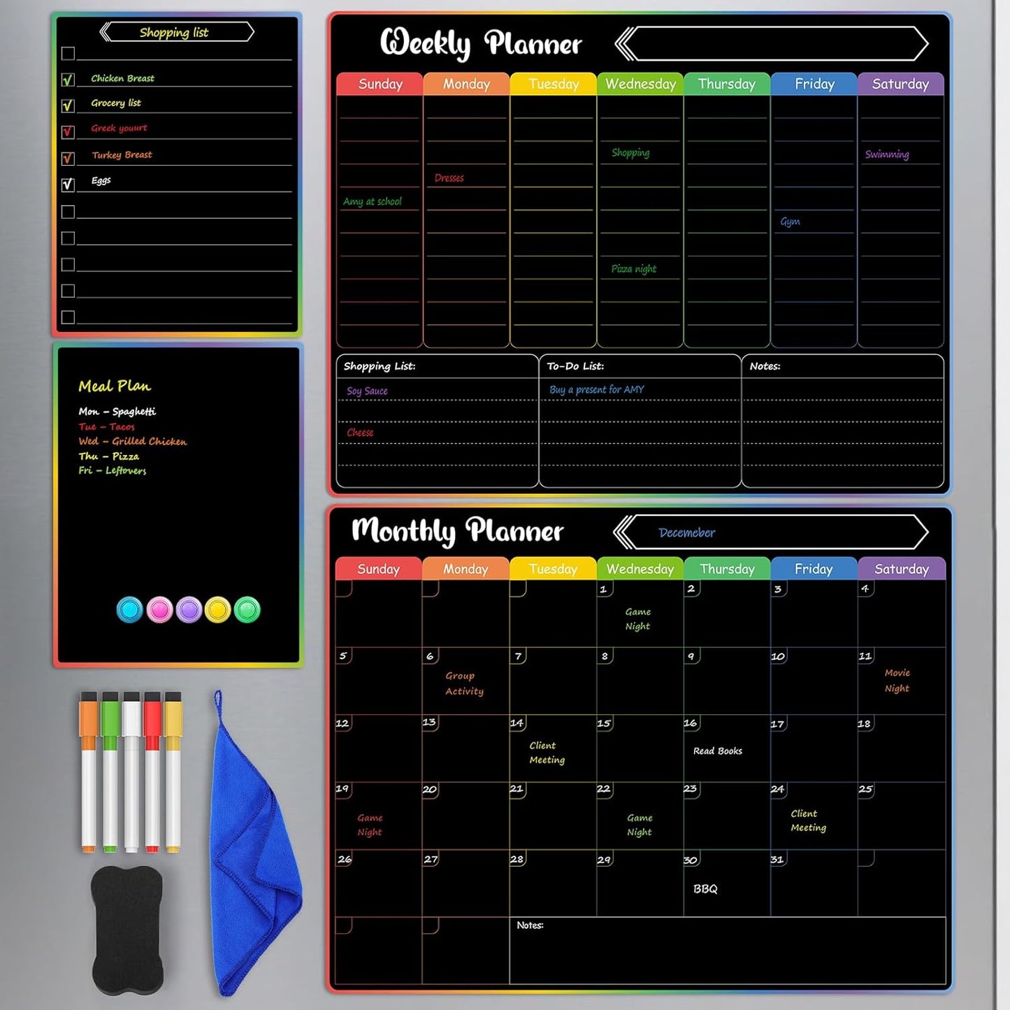 MaxGear 4 Pack Magnetic Dry Erase Board Calendar for Fridge, 15" x 11.5" | Strong Magnetic, Easy to Write and Clean, Dry Erase and No Stains, Includes List, Small Board, 5 Markers,5 Magnets,1 Eraser