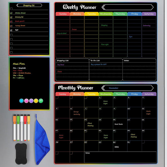 MaxGear 4 Pack Magnetic Dry Erase Board Calendar for Fridge, 15" x 11.5" | Strong Magnetic, Easy to Write and Clean, Dry Erase and No Stains, Includes List, Small Board, 5 Markers,5 Magnets,1 Eraser