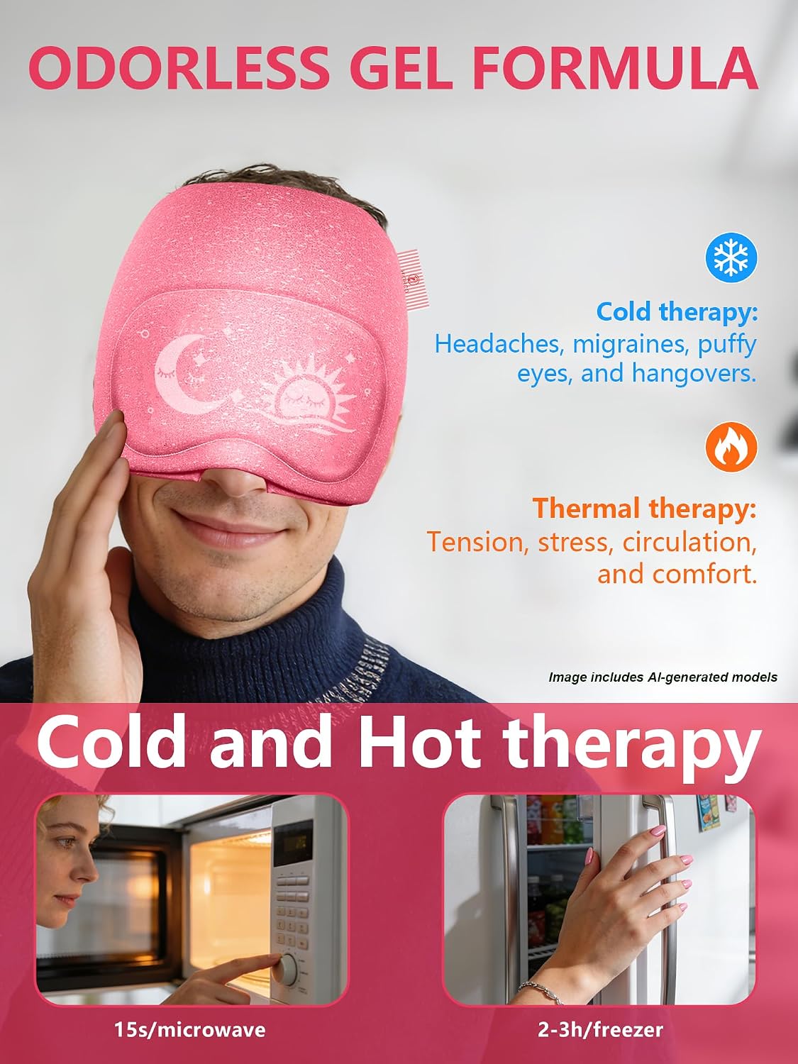 Migraine Relief Cap with Flip-up Eye Mask for Headache & Stress Relief | Headache Relief Hat for Hangover, Tension-Cold Compress Head Wrap