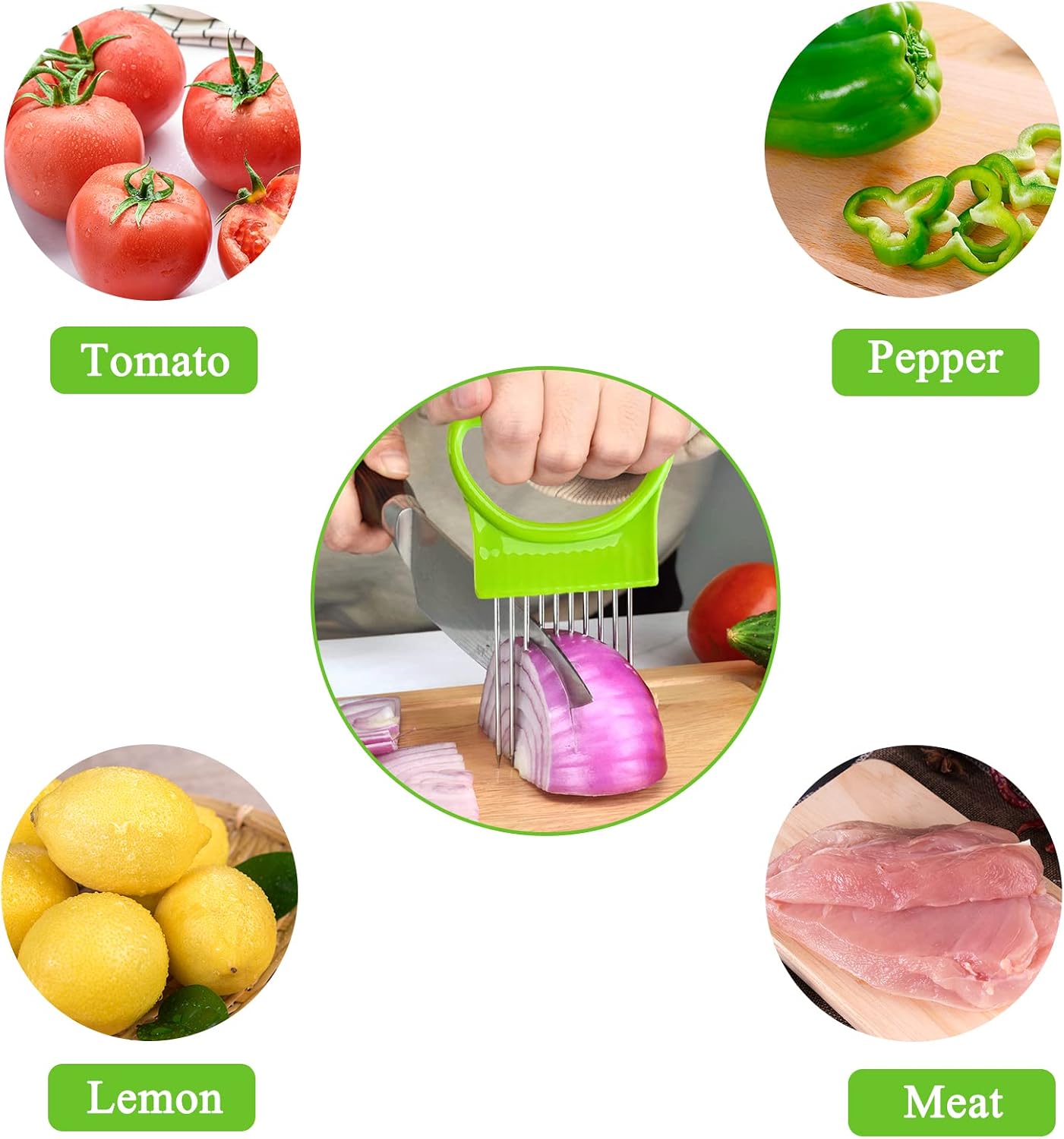 4 Pcs Onion Slicer, TACYKIBD Stainless Steel Onion Slice Holder and Tomato Slicer, Food Slice Assistant Onion Holder for Slicing Fruit Vegetable Lemon Meat Potato, Kitchen Cooking Tools Gadgets