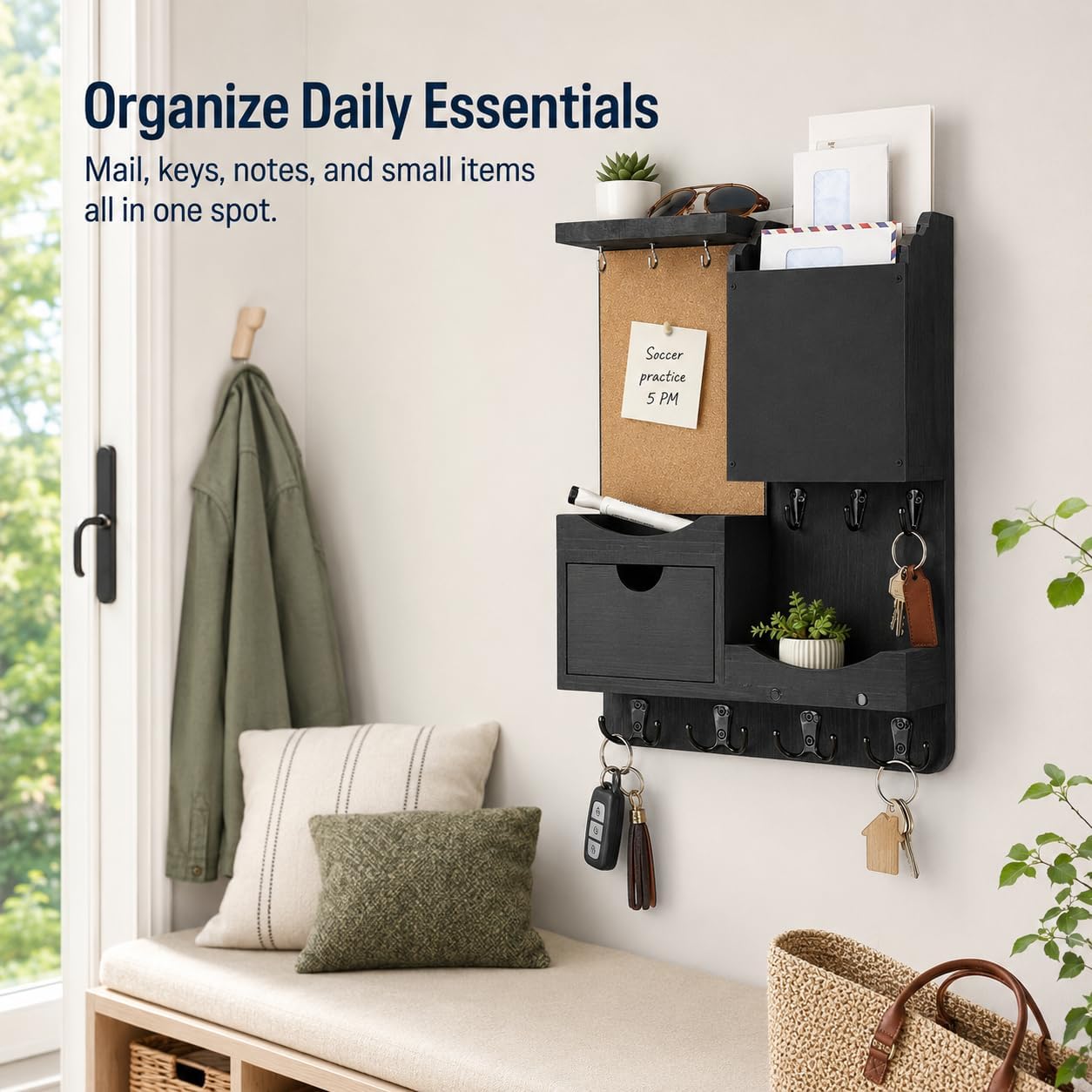 Key Holder for Wall Mount with Shelf and Mail Organizer, Key and Mail Holder with 16 Hooks, Farmhouse Entryway Organizer, Home Decor Rack (Pine Wood, White Washed)