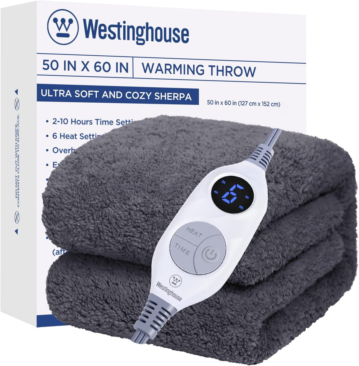 Westinghouse Electric Blanket Heated Throw, 6 Heat Settings, Grey