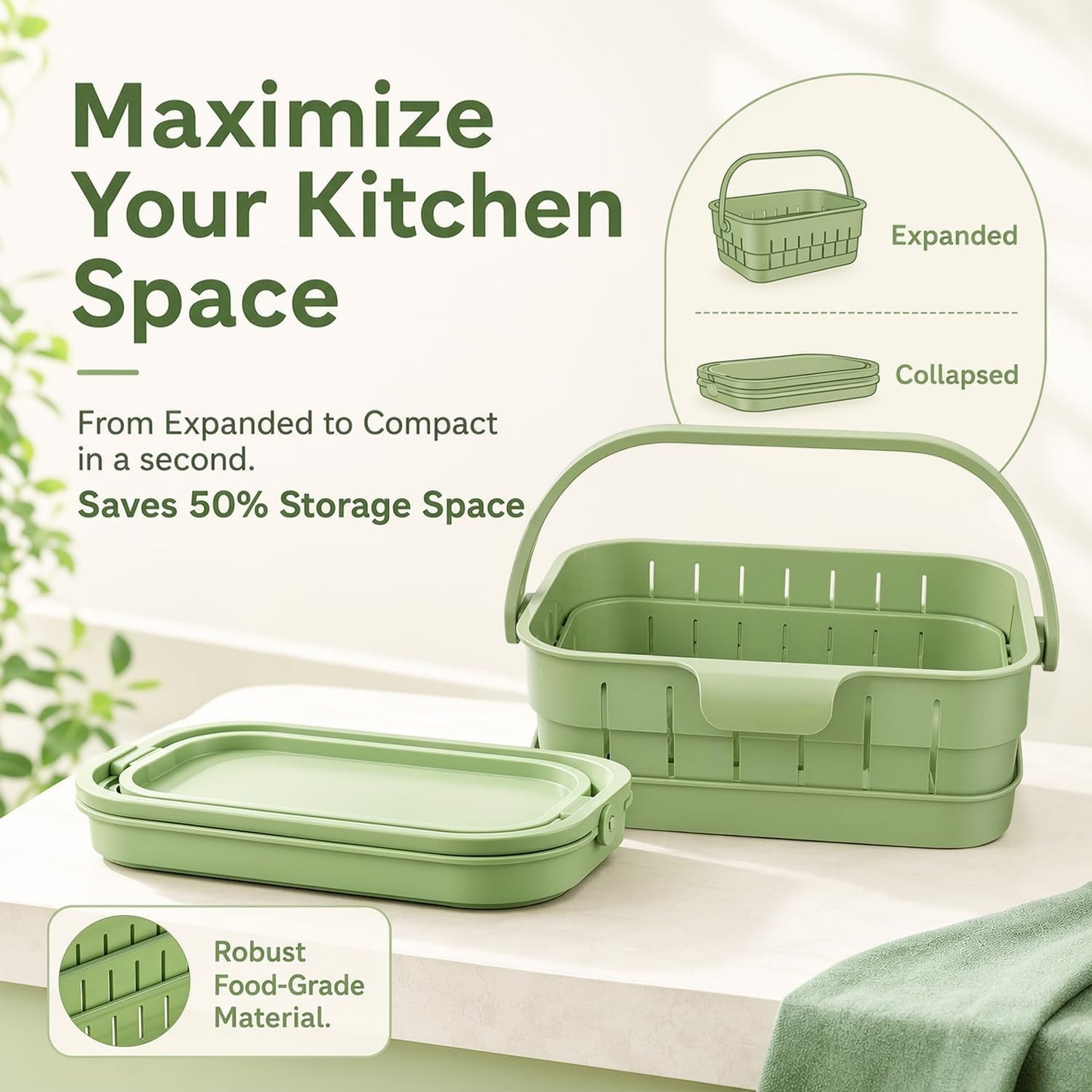 Foldable Hanging Sink Drain Basket, 2026 Upgraded Foldable Kitchen Sink Strainer, Hanging Foldable Fruit and Vegetable Filter Basket, Suitable for Kitchen Sinks, Easy to Store, Space-Saving (green)