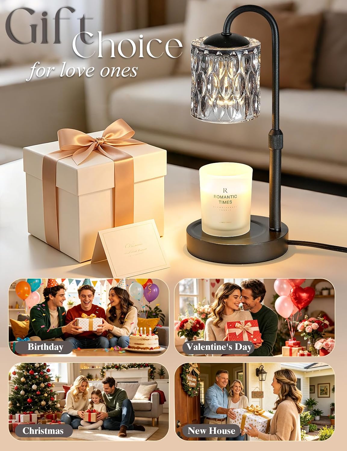 Briever Dimmable Candle Warmer Lamp with Timer, Height Adjustable Electric Candle Wax Warmer, Christmas Birthday Gifts for Women Mom, House Warming Gifts New Home Room Decor, Black Solid Wood Base