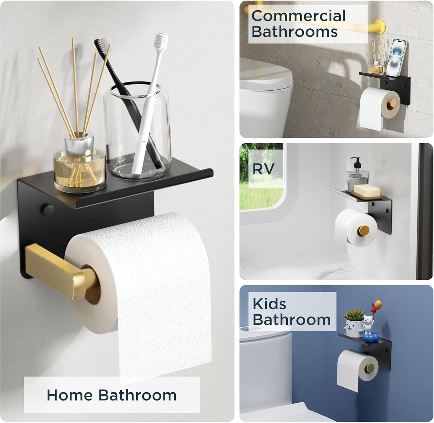 FORIOUS Toilet Paper Holder with Shelf, Adhesive or Screw, Commercial | Brushed Nickel | Wall Mount Bathroom Tissue Holder | SUS304 Stainless Steel Rustproof | Bathroom Tissue Roll Holder