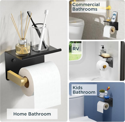 FORIOUS Toilet Paper Holder with Shelf, Adhesive or Screw, Commercial | Brushed Nickel | Wall Mount Bathroom Tissue Holder | SUS304 Stainless Steel Rustproof | Bathroom Tissue Roll Holder