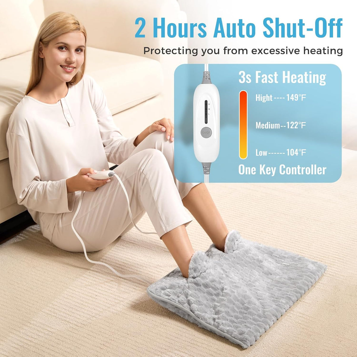 Electric Heated Foot Warmer Soft Flannel Foot Heater with 2h Auto Off & 3 Heat Levels Full Body Use Heating Pad for Feet, Abdomen, Cramps, Pain Relief Pocket Design 16" x 22" Light Grey