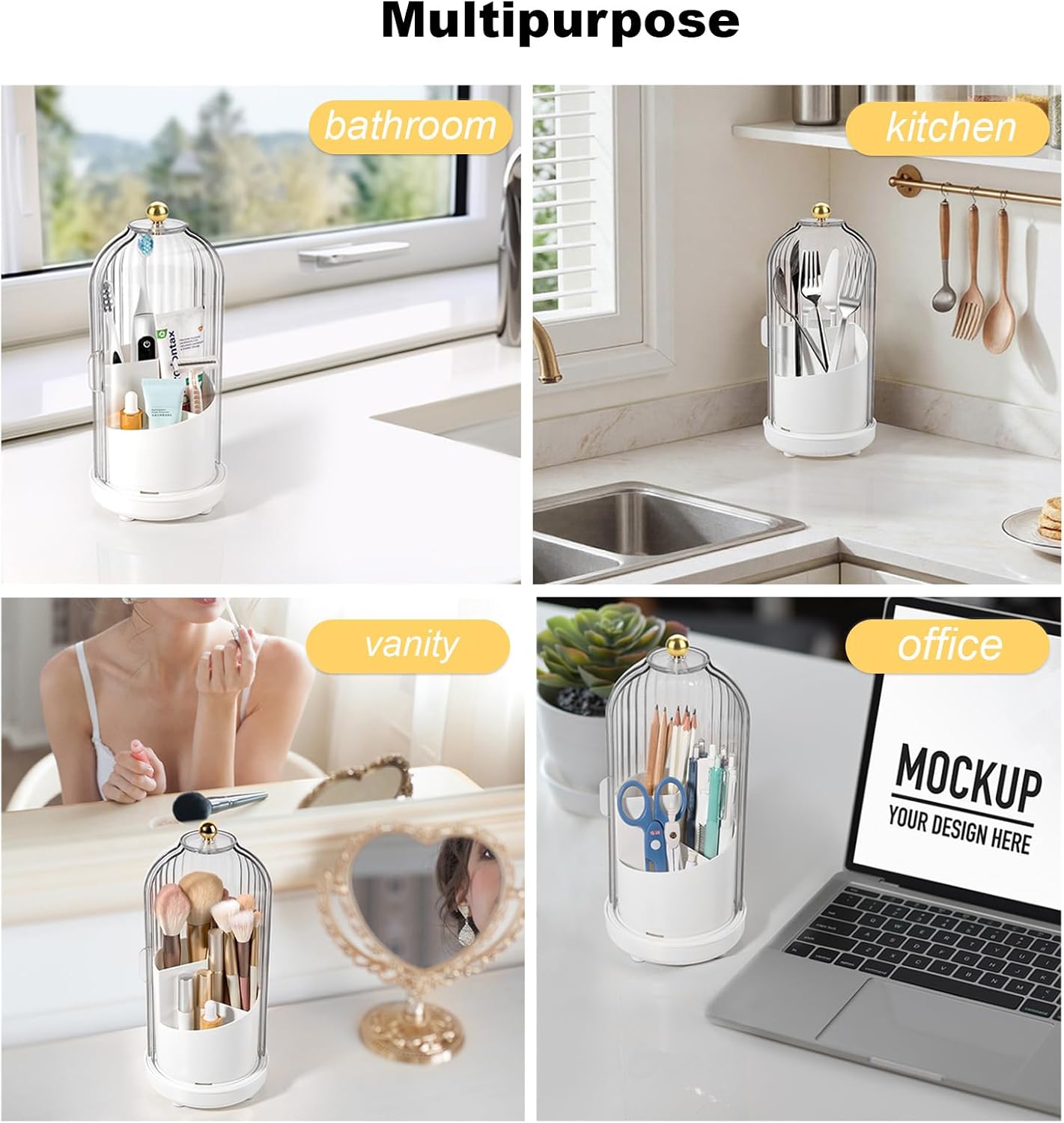 Toothbrush Holders with Cover Toothpaste Organizer for Bathroom, White | 360° Rotating, Dustproof Sliding Lid, Drainage Holes, Waterproof, for Kids Electric Toothbrush Makeup Brush Storage