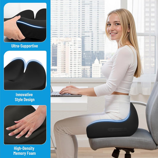 Memory Foam Seat Cushion, Ergonomic Office Chair Cushion for Long Sitting | Curved Tailbone Support Cushion for Car, Desk Chair and Wheelchair, Coccyx Comfort Pad with Breathable Cover, Gray