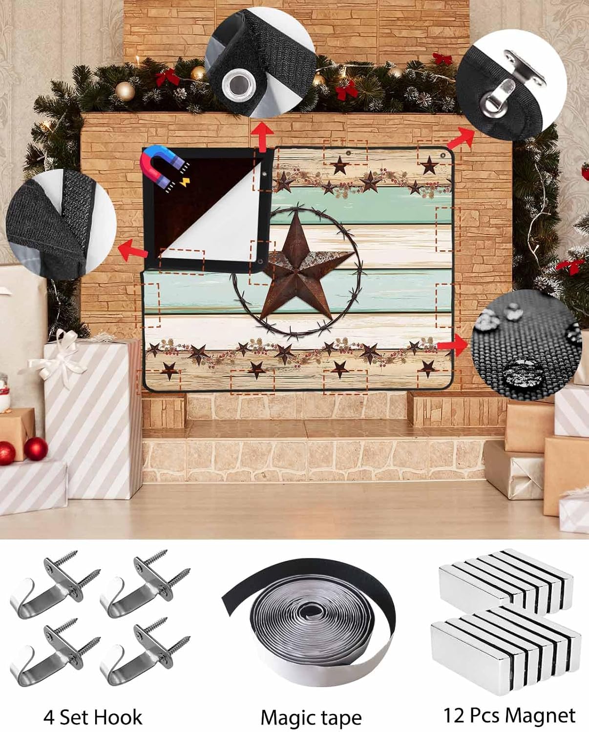 Magnetic Fireplace Cover Texas Star Teal Blue Fireplace Screen Decorative Farm Wood Grain Insulation Fireplaces Blocker Blanket Save Energy Fireplaces Draft Stopper Covers for Living Room 39x32 Inch