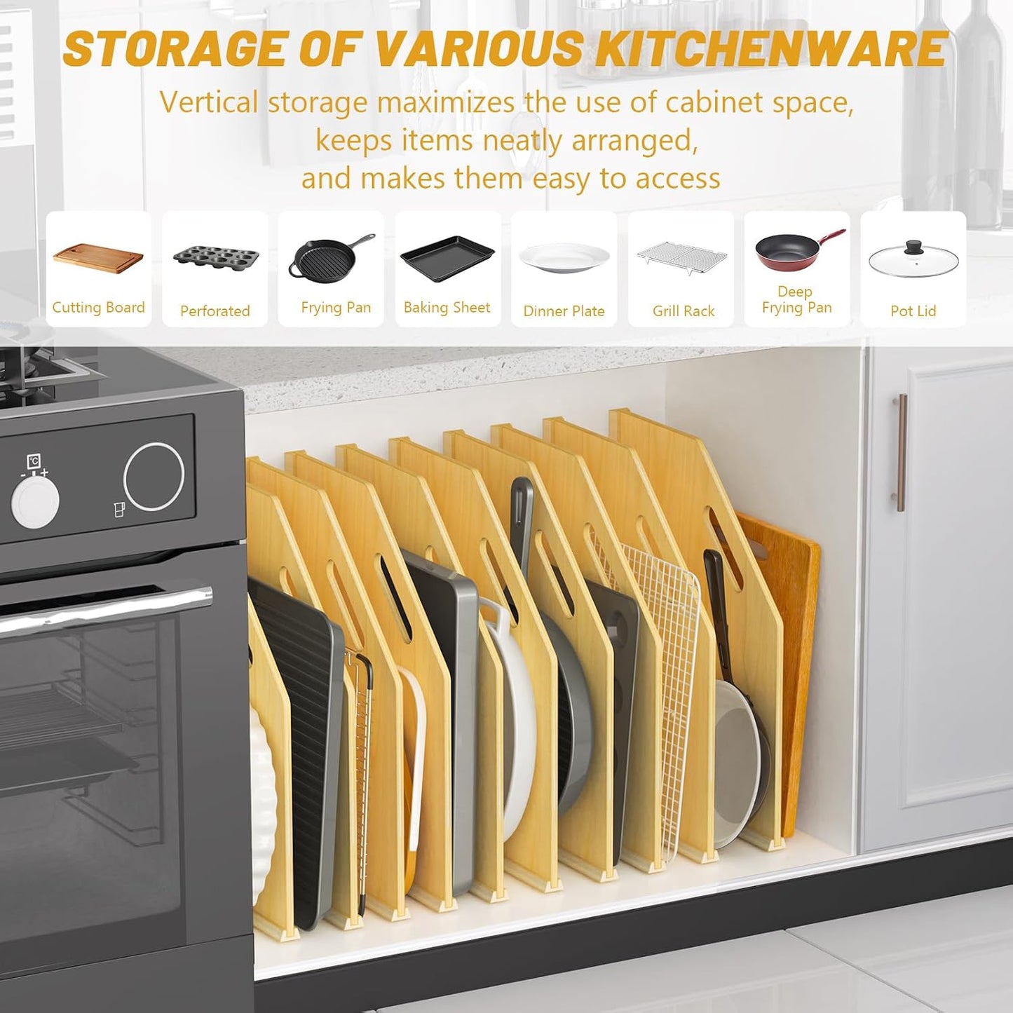 6 Pack Wood Tray Dividers Organizer For Kitchen Cabinet | Adjustable Vertical Cookie Sheet Organizer, Cabinet Dividers Organizer For Pots, Cutting Board, Pans, Lids, Baking Sheets