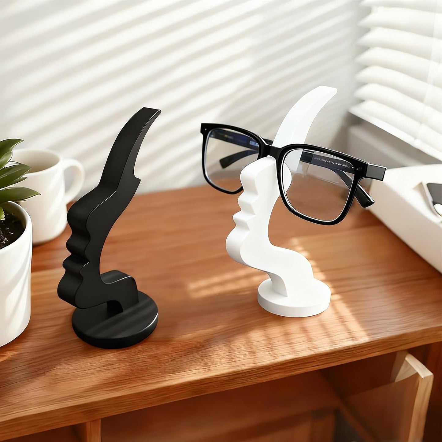 2Packs Modern Face Shaped Eyeglass Holder Stand Eyewear Display Rack Desktop Storage Organizer for Glasses Sunglasses 3D Printed Artistic Decor (black and white)