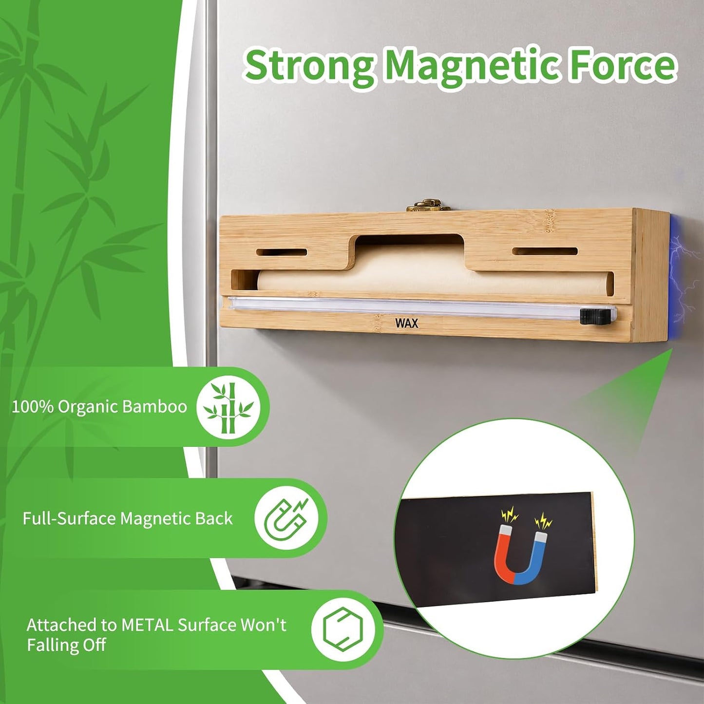 MSJGA Magnetic Plastic Wrap Dispenser with Cutter for Drawer&Refrigerator | 3 in 1 Fridge Bamboo Organizer for Tin Foil, Baking Paper, Wax Paper Holder Kitchen Storage Box Compatible,13" x 8.2" x 2.7"