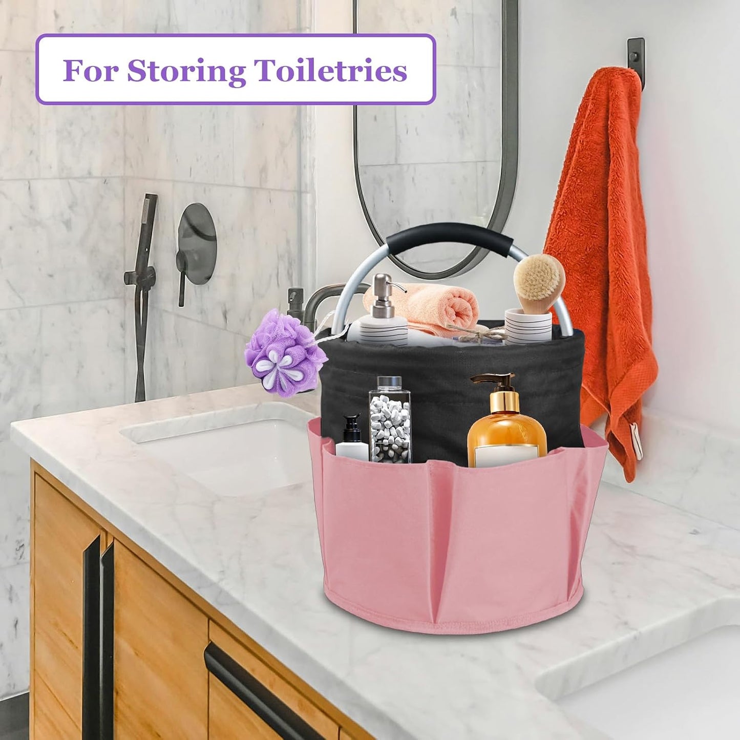 17L Cleaning Caddy with Handle and 6 Pockets, Foldable Cleaning Supply Caddy, Portable Shower Caddy in 600D Oxford Fabric, Multifunctional Storage Basket for Camping, Gardening, Black
