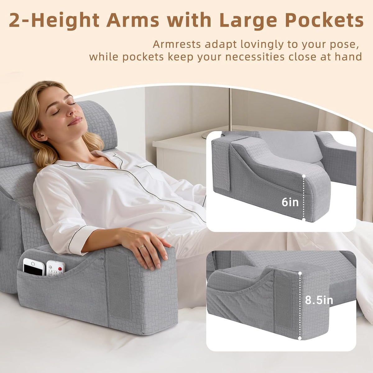 Foldable Reading Pillow for Sitting in Bed Adult, White/Grey, 19"