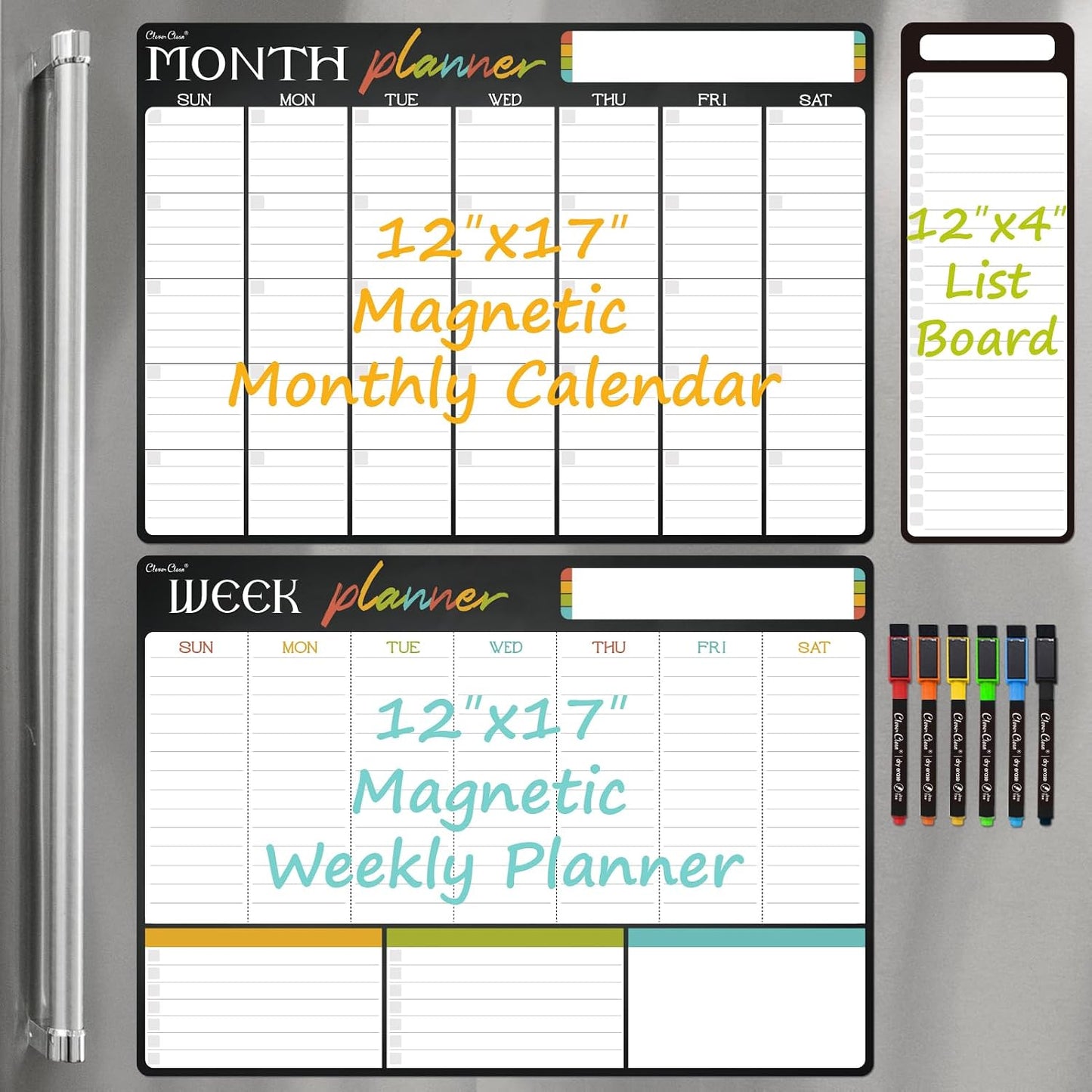 Magnetic Dry Erase Monthly Calendar Set - 15.5"x13" Monthly and 8.5"x13" Weekly Calendar for Fridge - 6 Extra Fine Point Markers Included - Shipped Flat