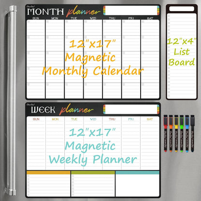 Magnetic Dry Erase Monthly Calendar Set - 15.5"x13" Monthly and 8.5"x13" Weekly Calendar for Fridge - 6 Extra Fine Point Markers Included - Shipped Flat