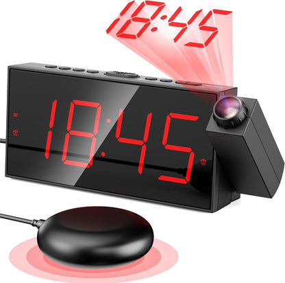 Mesqool Projection Alarm Clock with Bed Shaker, Dual Alarms