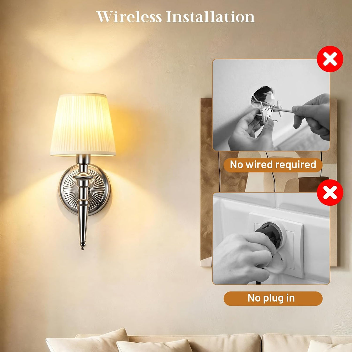 Battery Operated Wall Sconces Set of 2, Wireless Rechargeable Wall Lights with 12 RGB Colors and 3CCT Dimmable, Small Fabric LED Wall Lamps for Bedroom, Living Room, Hallway, Gold