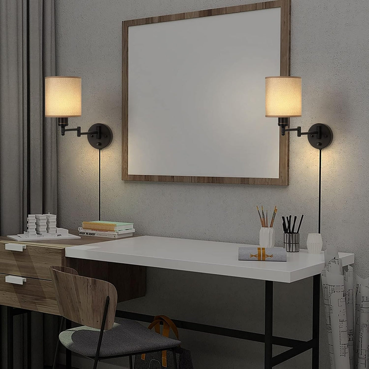 CADUKE Plug in Wall Sconce Set of 2, Swing Arm Wall Lamps