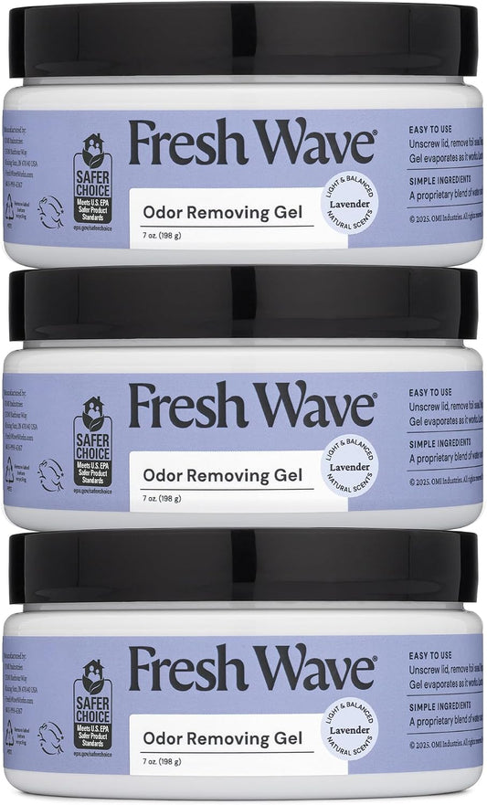 Fresh Wave Original Odor Eliminator Gel 3-Pk 7 oz - Air Freshener for Home | Plant-based essential oils. Lasts 15-30 days per jar. No plug-in needed. Pet-safe, closet and bathroom deoderizer.