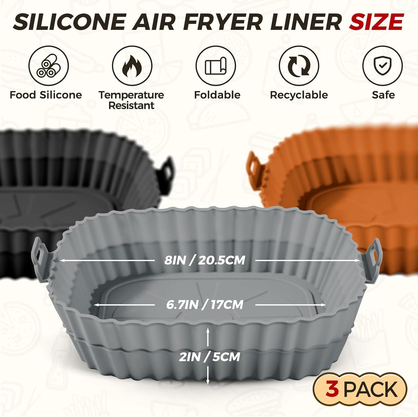 3 Pack Air Fryer Silicone Liners 8inch Air Fryer Silicone Pot Reusable Food Grade Silicone Airfryer Liners Baking Basket Accessories Replacement of Flammable Disposable Parchment Paper