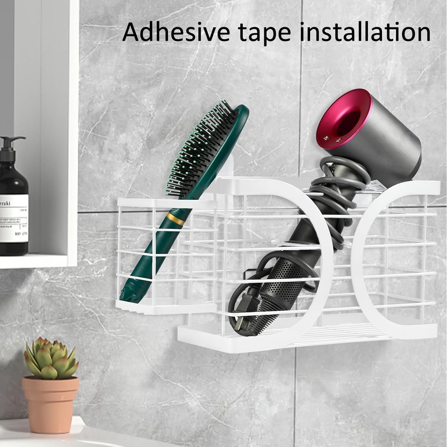 Elegant White Cabinet Door/Wall Mounted 3-in-1 Hair Dryer Holder | Stylish Bathroom Organiser, For Hair Dryer & Straightener, Hair Brush & Accessories