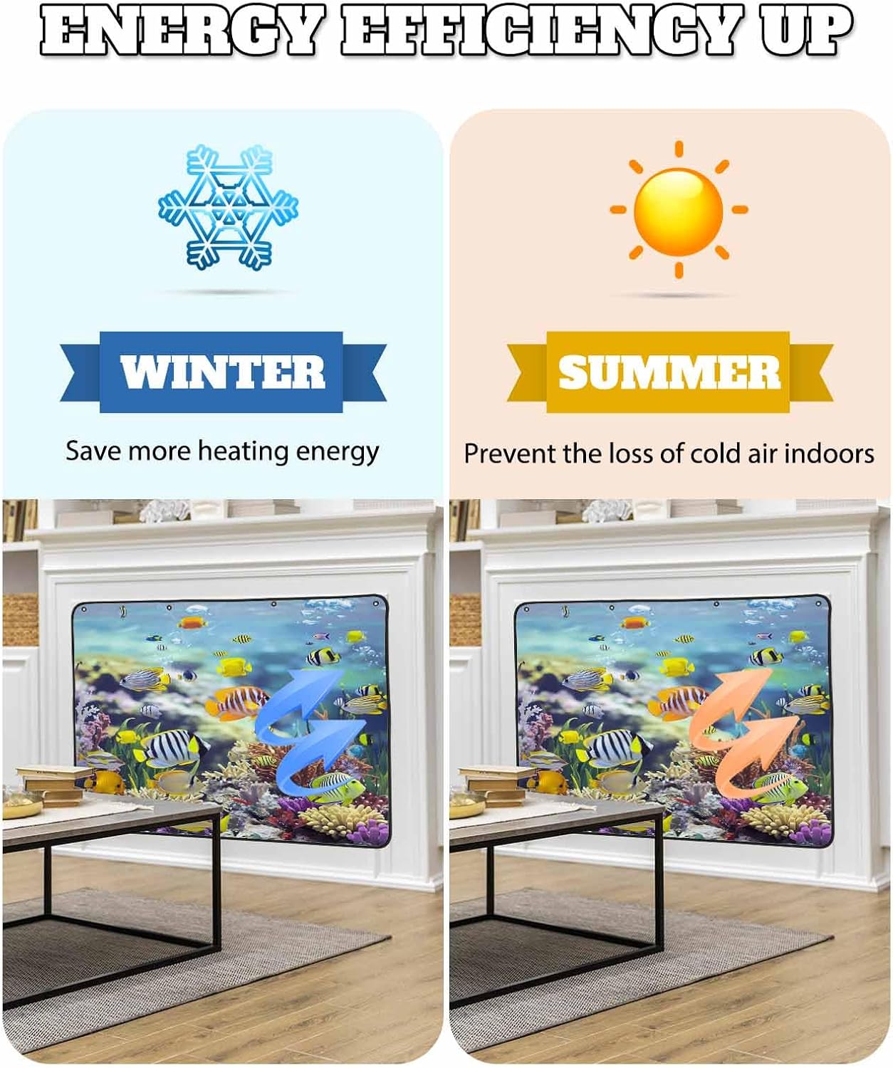 Coastal Magnetic Fireplace Cover, Fireplace Draft Blocker, Fish Nautical Summer Beach Ocean Fireplaces Blanket for Heat Loss/Cold Air, Fireplaces Draft Stopper Cover for Inside 45"x34"