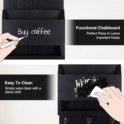 Key and Mail Holder for Wall with Chalkboard and Long Storage Box | Key Holder, Key Hanger with 3 Sturdy Hooks for Coat, Dog Leash, Entryway Mail Organizer