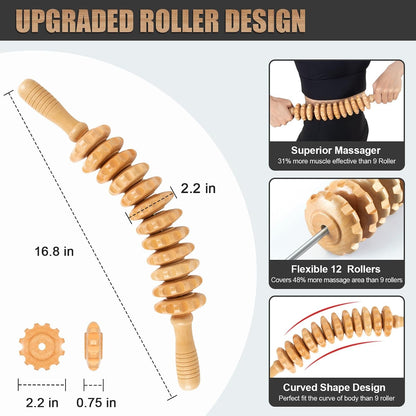 Wood Therapy Massage Tools 12 Roller, Wooden Massager Stick 16.8 Inch,Lymphatic Drainage Tool Cellulite Massager for Cellulite Reduction,Muscle Tension and Body Shaping,Contouring