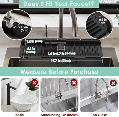 24-Inch Silicone Faucet Mat for Kitchen Sink Splash Guard, 7° Slope | 24"x5.5" water draining mat with fasten button; 1.6-2.75" customizable hole for bathroom, RV & kitchen sink drip catcher.