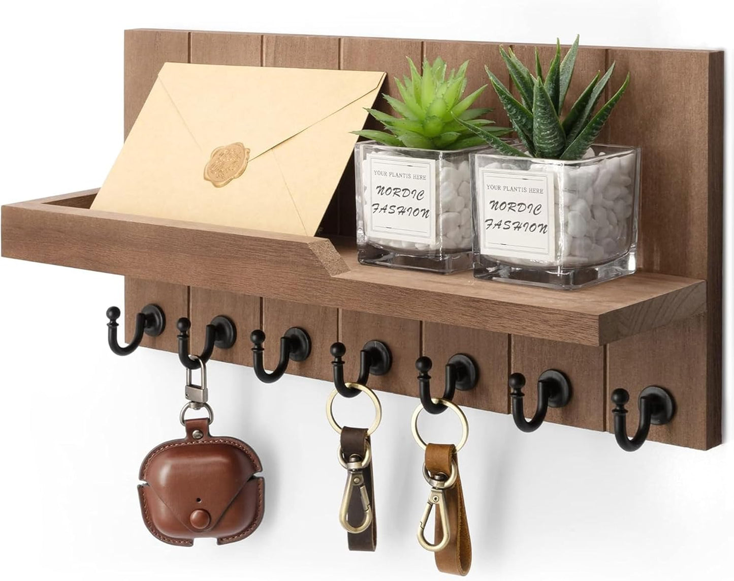 Rebee Vision Key Holder Wall Mount with 5 Key Hooks for Home Decor, Brown | 3.54'' x 10'' x 7.28'', Small Shelf for Display Plant, Key Hangers for Hat, Entryway Space-Saving Storage